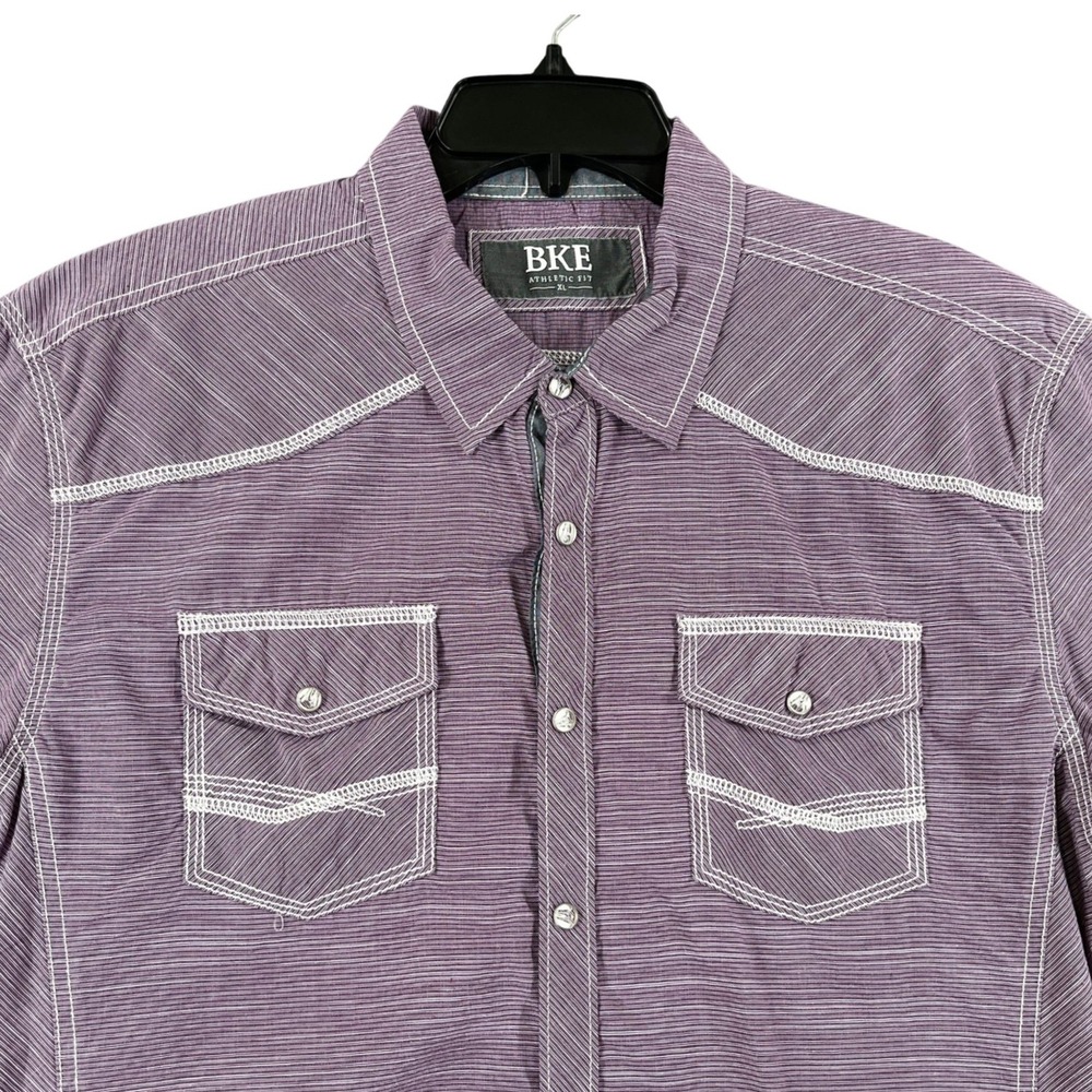 BKE Western Shirt Mens XL Athletic Fit Purple Micro Stripe Contrast Stitch